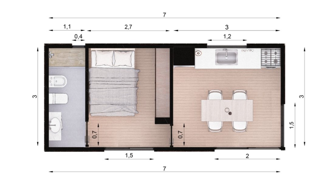 Plano módulo 1 habitación 21m² CC Módulos