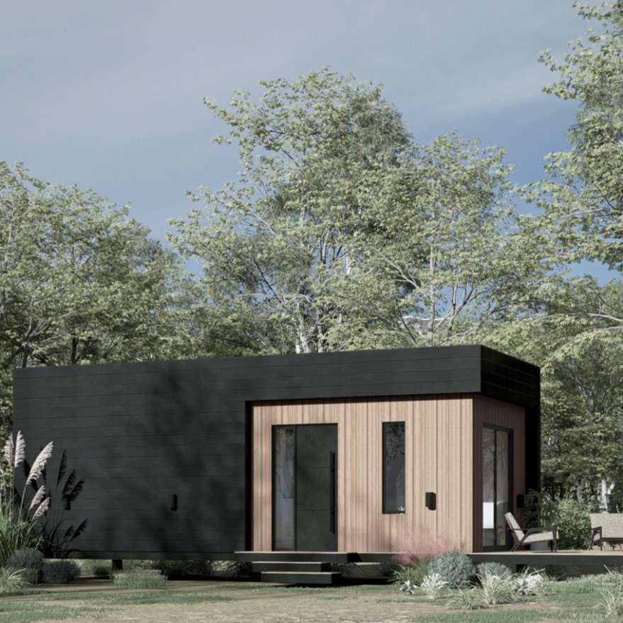 Módulo 1 habitación 25m² CC Módulos — exterior con deck 8m²