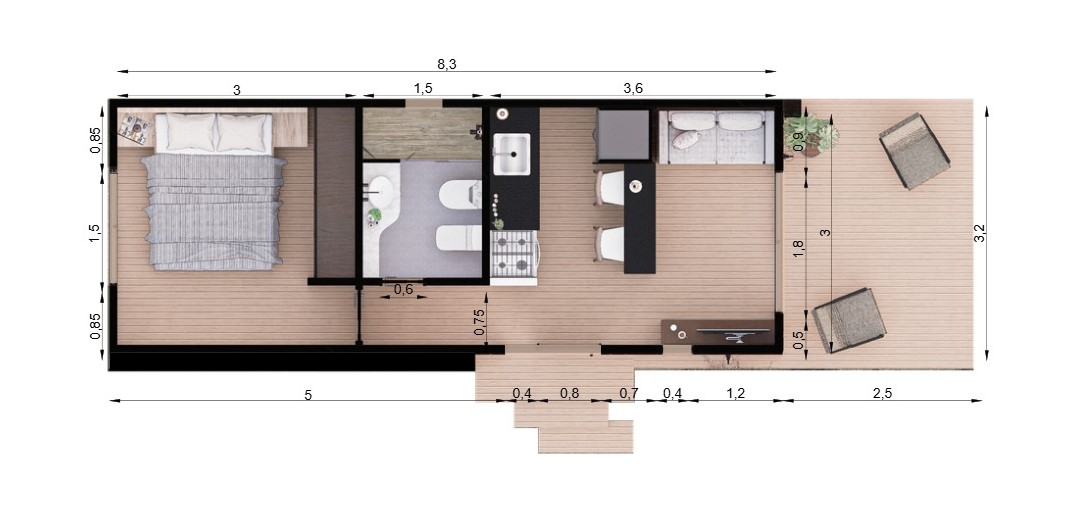 Plano módulo 1 habitación 25m² CC Módulos