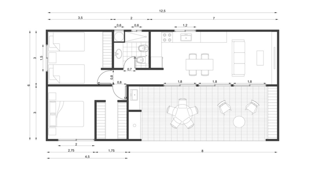 Plano casa modular 2 habitaciones 75m² CC Módulos