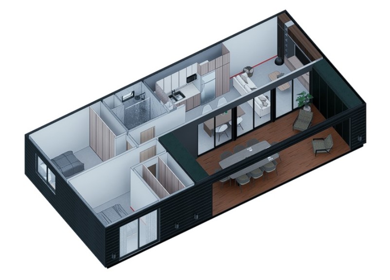 Render 3D casa modular 2 habitaciones 75m² CC Módulos