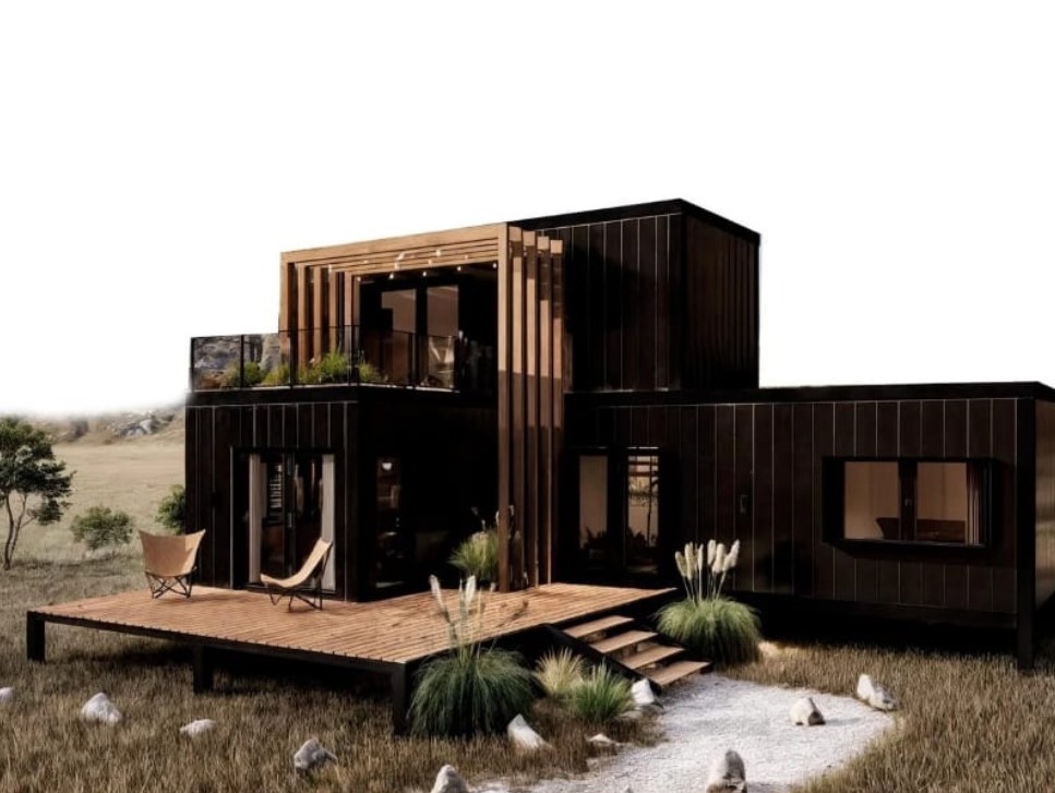 Casa modular 2 habitaciones 82m² Premium CC Módulos — exterior con terraza verde