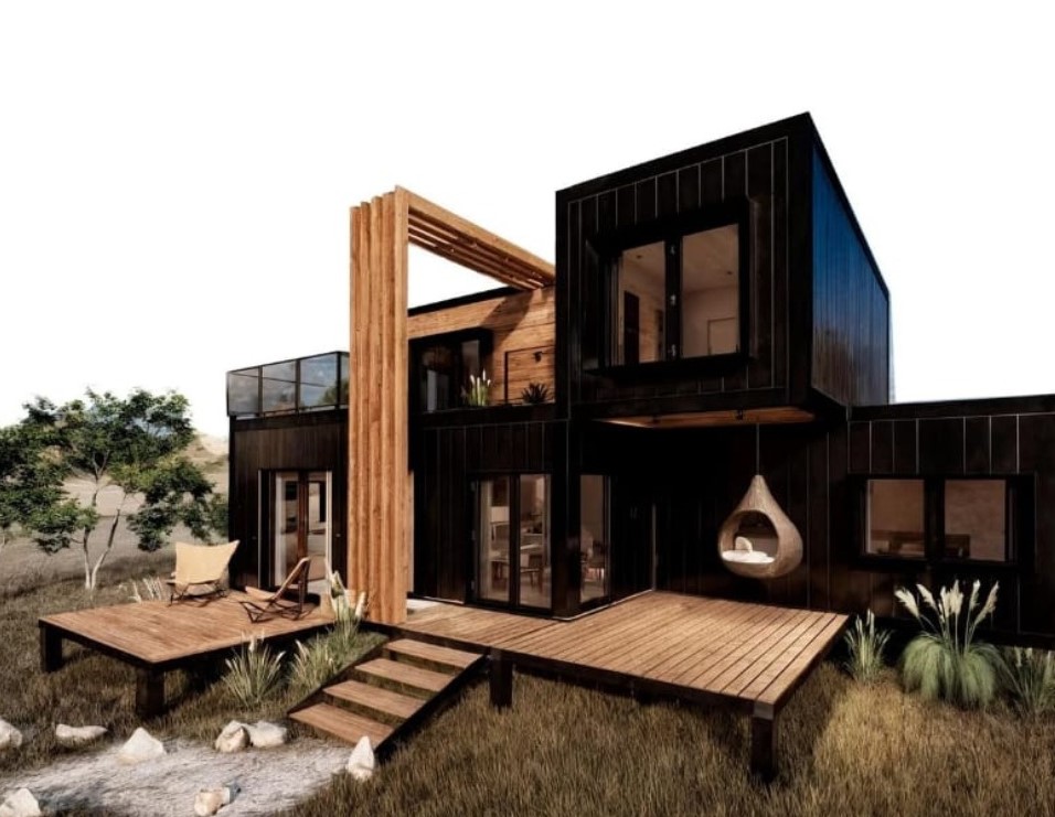 Casa modular 3 habitaciones 111m² CC Módulos — exterior con terraza verde y vestidor