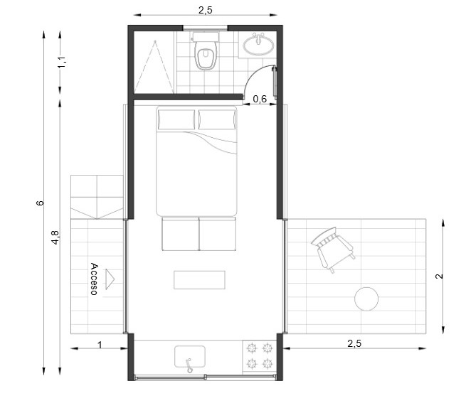 Plano Monoambiente 15m² Steel Frame CC Módulos