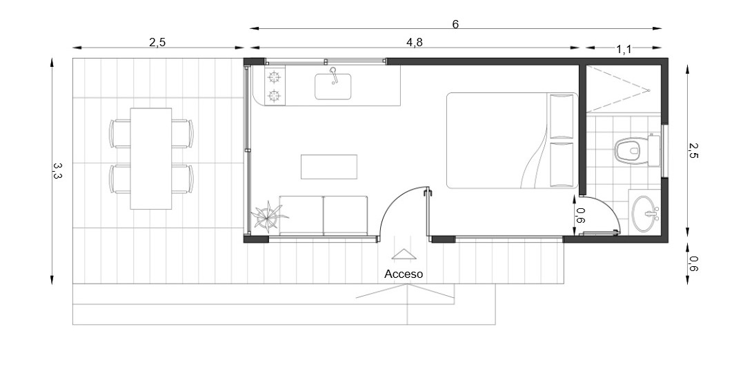 Plano Monoambiente 15m² Sistema Socket CC Módulos